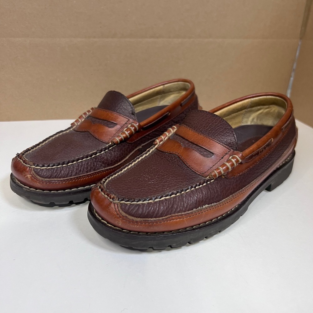 LL Bean Mens Two Tone Brown Leather Lug Sole Penny Loafers Shoes 7 EE